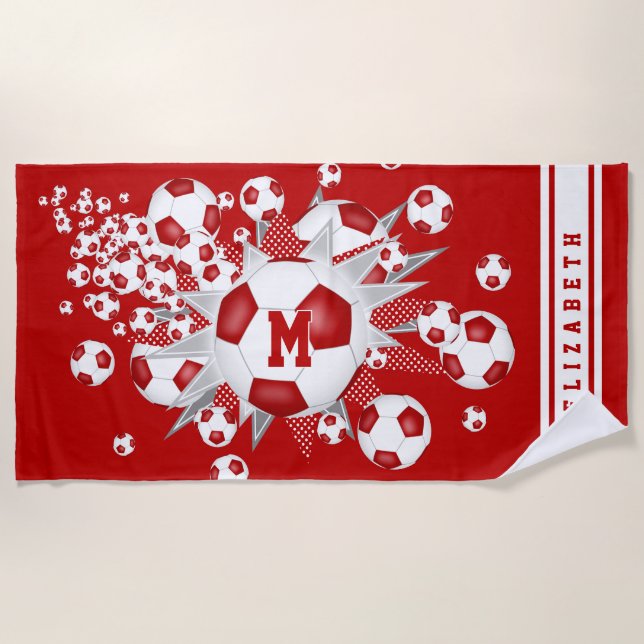 red soccer ball blowout with girls custom name beach towel (Front)