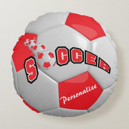 Red Soccer Ball  DIY Name Round Pillow