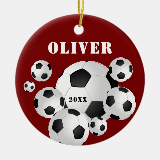 Red Soccer Ball Football Sports Kids Keepsake Ceramic Ornament (Front)