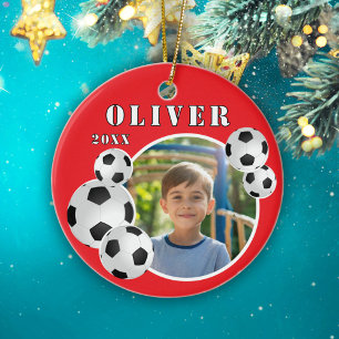 Red Soccer Ball Football Sports Photo Ceramic Ornament