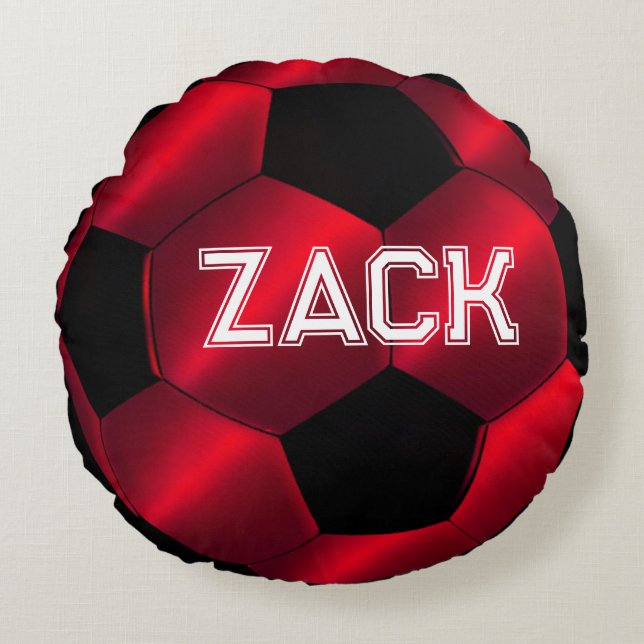 Red Soccer Ball Name Round Pillow (Front)