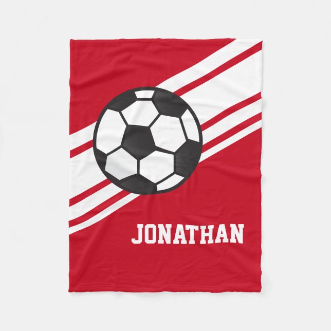 Red Soccer Ball Sports Personalized Name Fleece Blanket (Front)