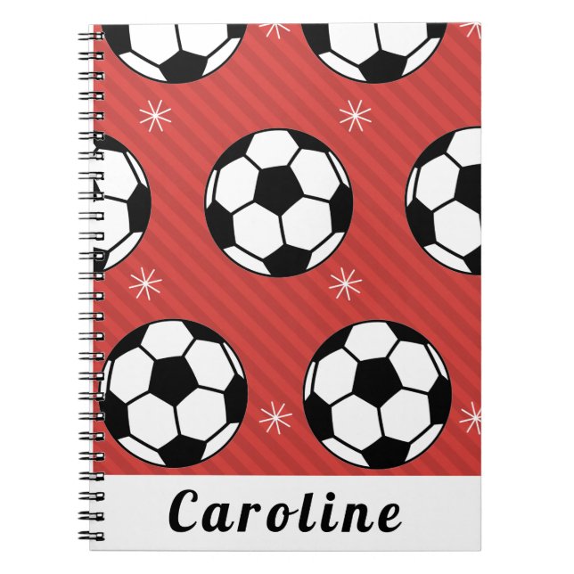 Red Soccer Ball Winter Striped Snowflake Name Cute Notebook (Front)