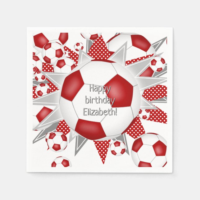 Red soccer balls stars birthday or team  napkins (Front)