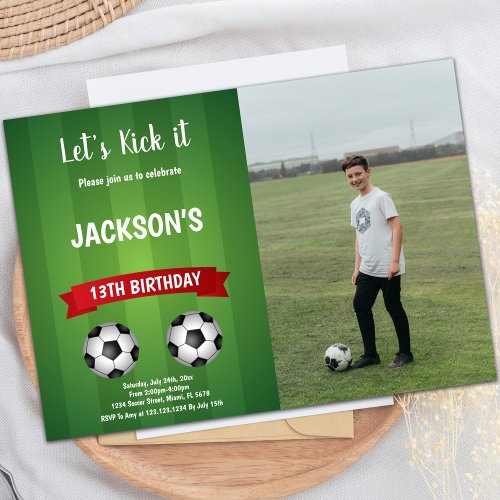 Red Soccer Birthday Invitations with photo