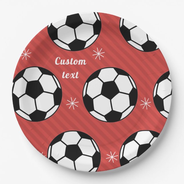 Red Soccer Christmas Striped Festive Ball & Snow  Paper Plates (Front)