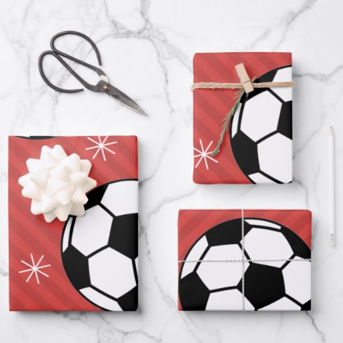 Red Soccer Christmas Striped Festive Ball  Snow  Wrapping Paper Sheets
