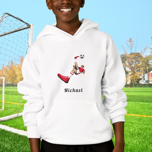 Red Soccer Player Illustration Silhouette Kid Name Hoodie (Creator Uploaded)