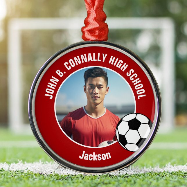 Red Soccer Player Photo High School Christmas Metal Ornament (Creator Uploaded)