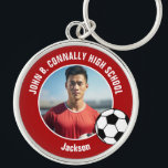 Red Soccer Player Photo High School Keychain<br><div class="desc">This cool customized high school soccer player photo gift features white typography of your team and player name on a red keychain with a soccer ball. Personalize with your student's photograph as a proud futbol parent.</div>