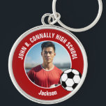 Red Soccer Player Photo High School Keychain<br><div class="desc">This cool customized high school soccer player photo gift features white typography of your team and player name on a red keychain with a soccer ball. Personalize with your student's photograph as a proud futbol parent.</div>