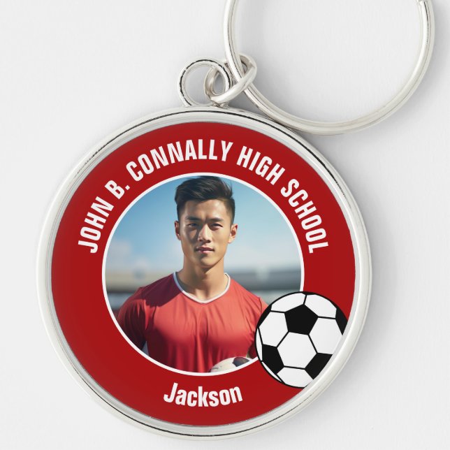 Red Soccer Player Photo High School Keychain (Front)