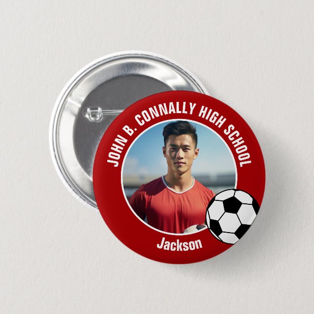 Red Soccer Player Photo High School Spirit Button (Front & Back)