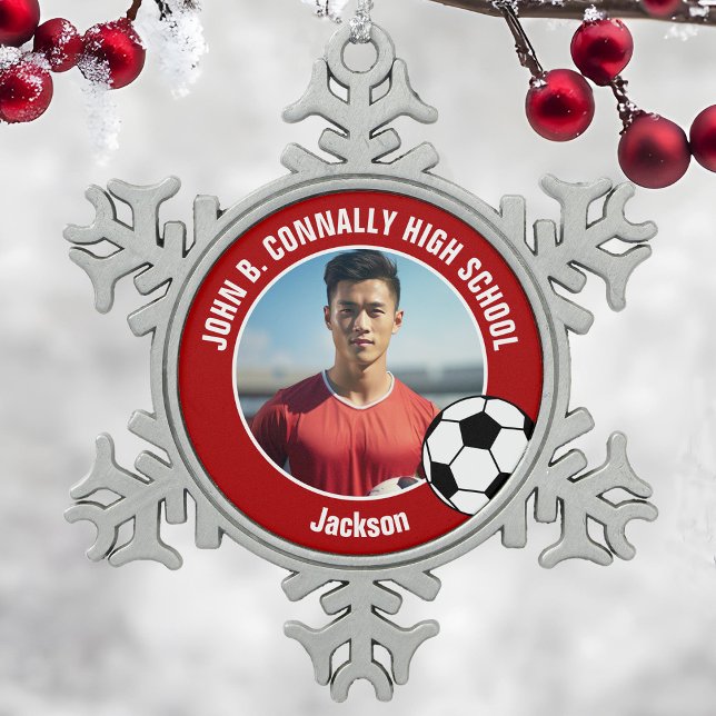 Red Soccer Player Photo High School Spirit Snowflake Pewter Christmas Ornament (Creator Uploaded)