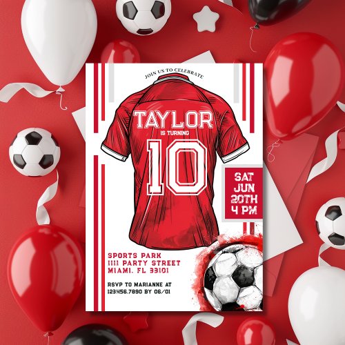 Red Soccer Sports Boy Jersey Kids Birthday Party Invitation