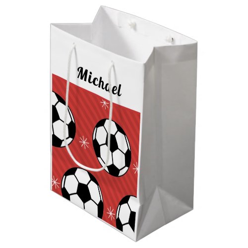 Red Soccer Striped Festive Ball  Snow Boys Name Medium Gift Bag