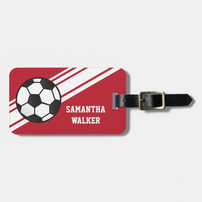 Red Soccer Stripes Personalized Luggage Tag (Front Horizontal)