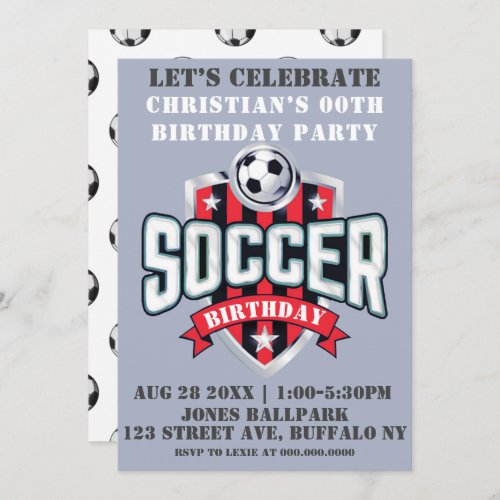Red Soccer Theme Birthday Party Invitations 