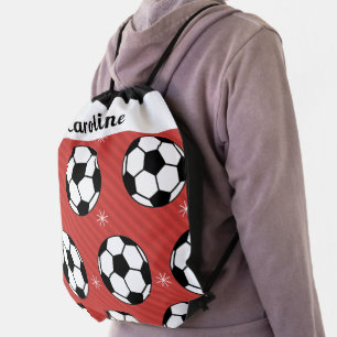 Red Soccer Winter Ball & Snow Striped Athlete Name Drawstring Bag