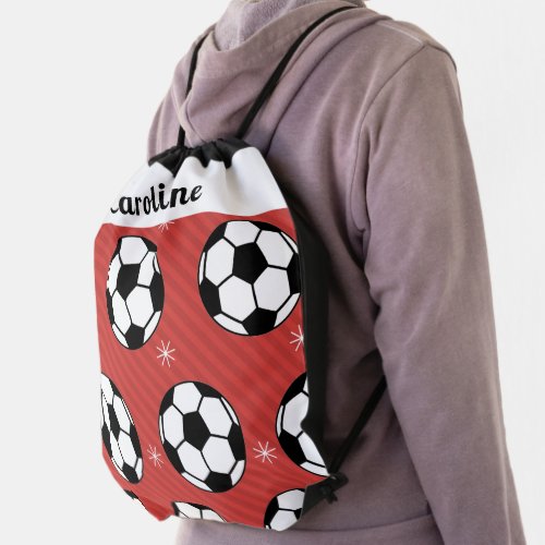 Red Soccer Winter Ball  Snow Striped Athlete Name Drawstring Bag