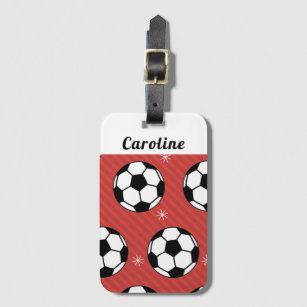 Red Soccer Winter Ball & Snow Striped Athlete Name Luggage Tag