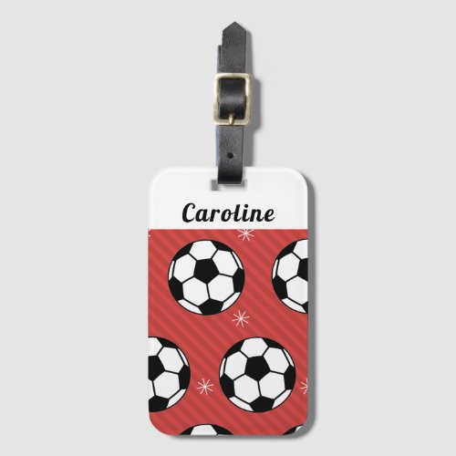 Red Soccer Winter Ball  Snow Striped Athlete Name Luggage Tag