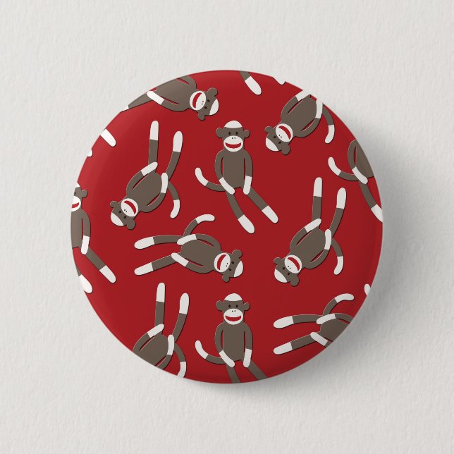 Red Sock Monkey Print Pinback Button (Front)