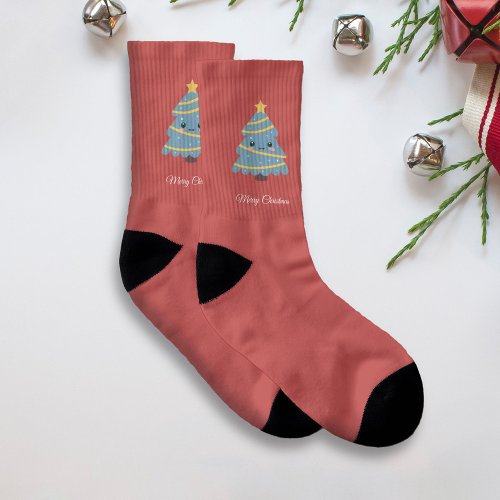 Red Socks with Kawaii Christmas Tree 