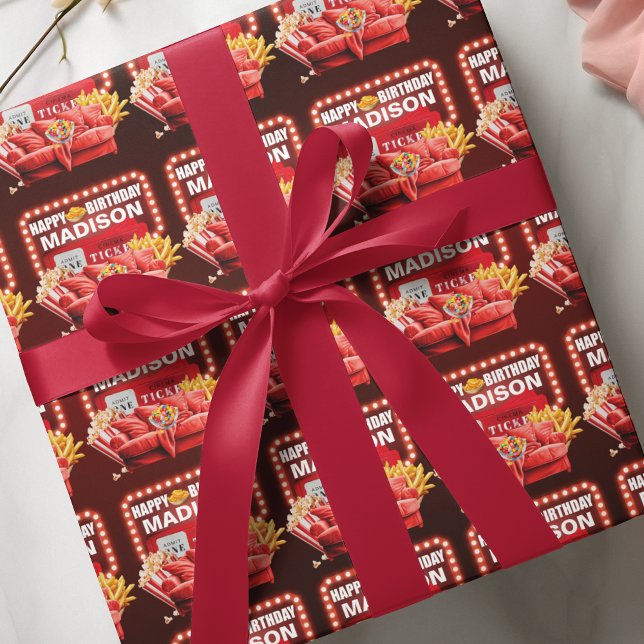 Red Sofa Movie Night Birthday Personalized Wrapping Paper (Creator Uploaded)