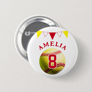 Red Softball Ball Bunting Flags Kids Birthday Button