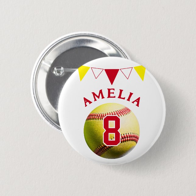 Red Softball Ball Bunting Flags Kids Birthday  Button (Front & Back)