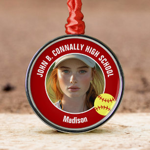 Red Softball Player Photo High School Christmas Metal Ornament