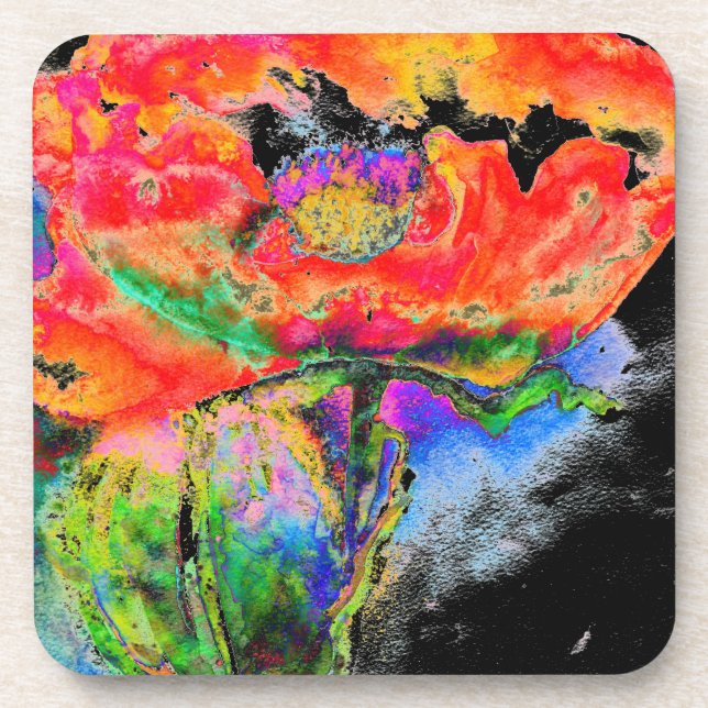 Red Solar Poppy - black background Drink Coaster (Front)