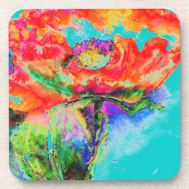 Red Solar Poppy - blue Beverage Coaster (Front)