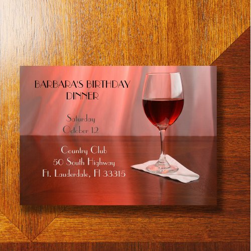 Red Sophisticated Wine Glass  Birthday Dinner  Invitation