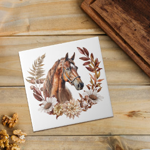 Red Sorrel Horse Autumn Wreath Ceramic Tile