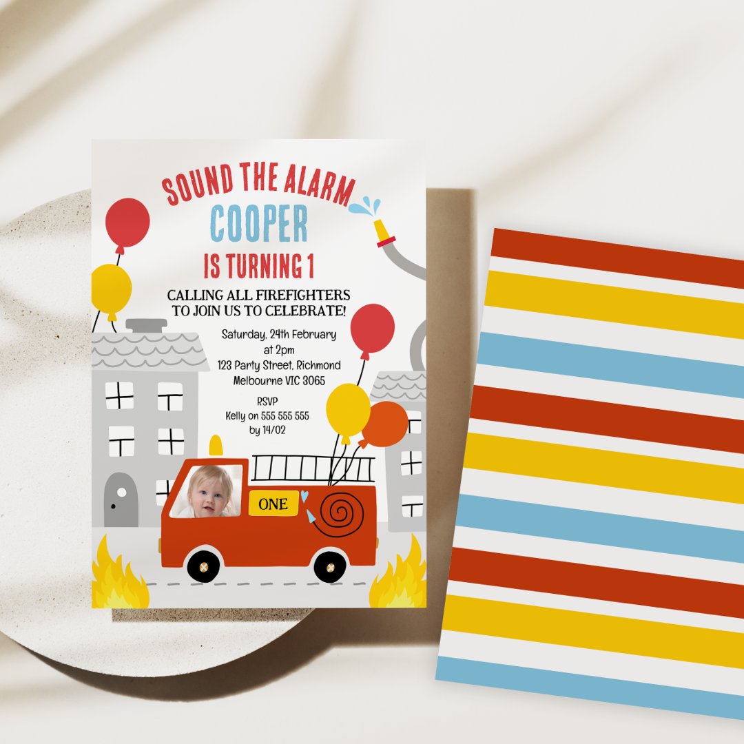 Red Sound The Alarm Fire Engine 1st Birthday                    Invitation