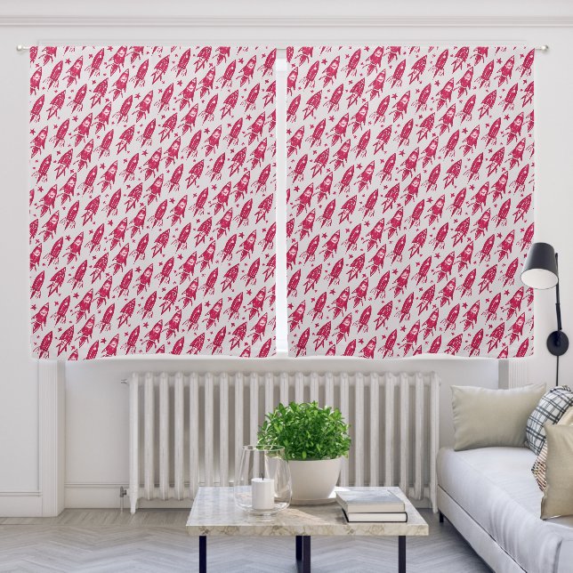 Red Space Rocket Drawings Blackout Curtains (Living Room)