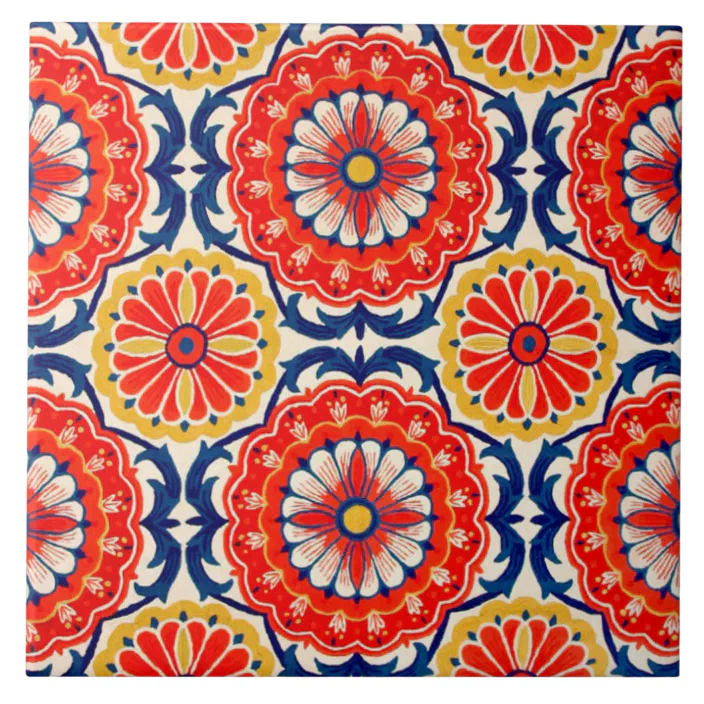 Red Spanish Flowers Ceramic Photo Tile, Spanish Ceramic Tile