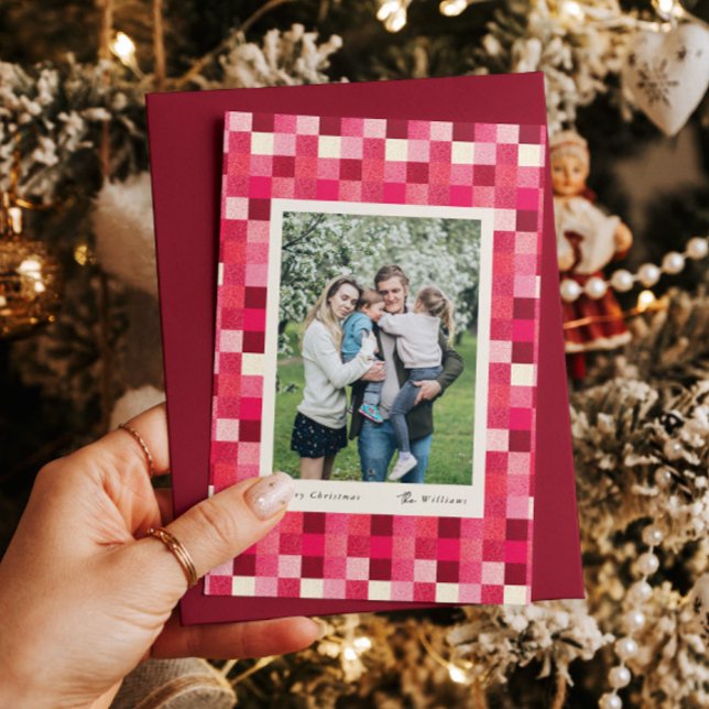 Red Sparkle Checkered Frame Christmas Holiday Card (Creator Uploaded)