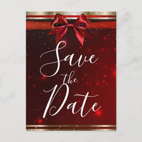 Red Sparkle Chic Bow Elegant Holiday Save the Date Announcement Postcard
