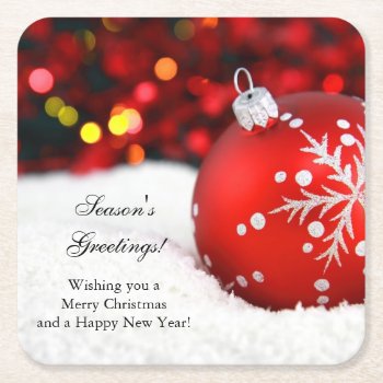 Red Sparkle Christmas Ornament Snow Square Paper Coaster by ChristmasCardShop at Zazzle
