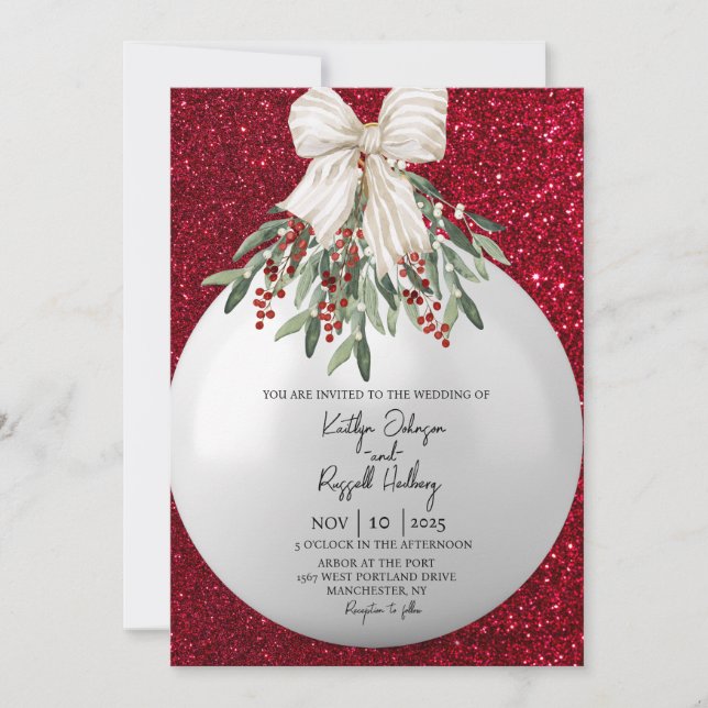 Red Sparkle Christmas Ornament Wedding Invitation (Front)