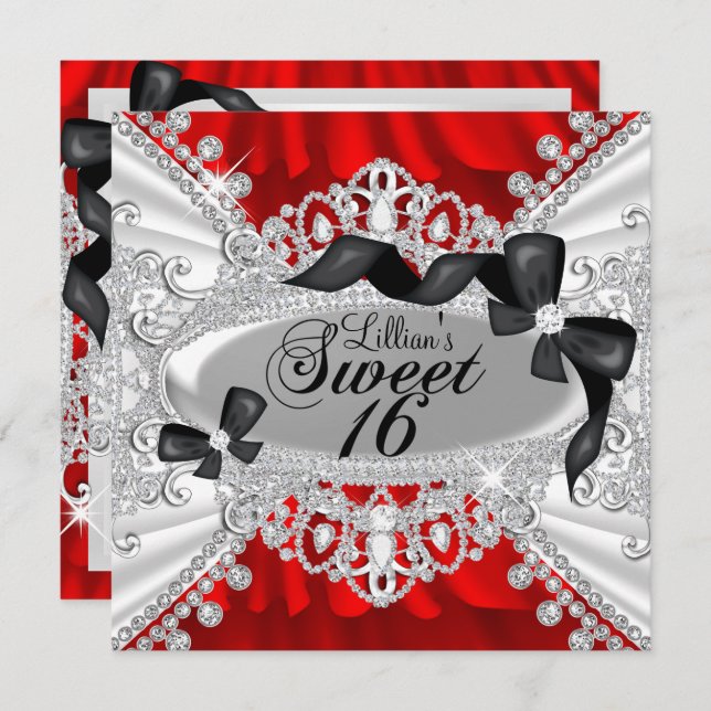 Red Sparkle Diamond & Bow Sweet 16 Invite (Front/Back)