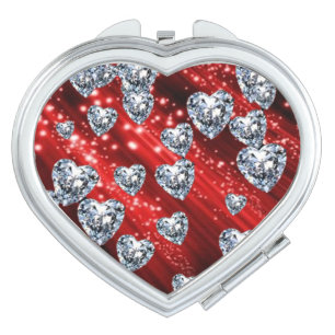 Red Sparkle Diamond Hearts Compact Mirror