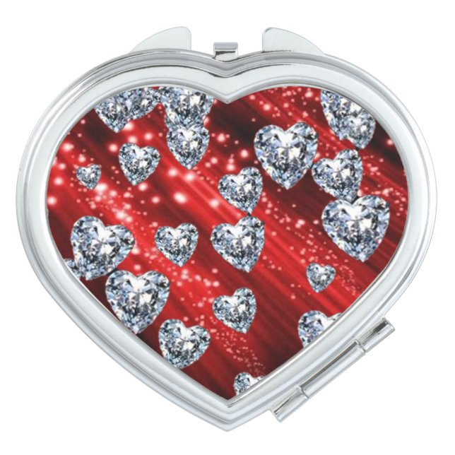Red Sparkle Diamond Hearts Compact Mirror (Front)