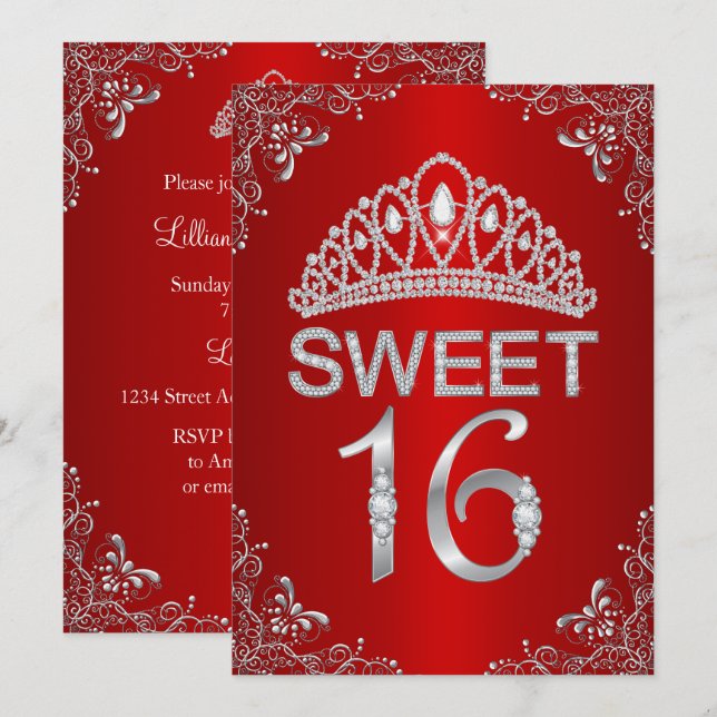 Red Sparkle Diamond Tiara Sweet 16 Invitation (Front/Back)