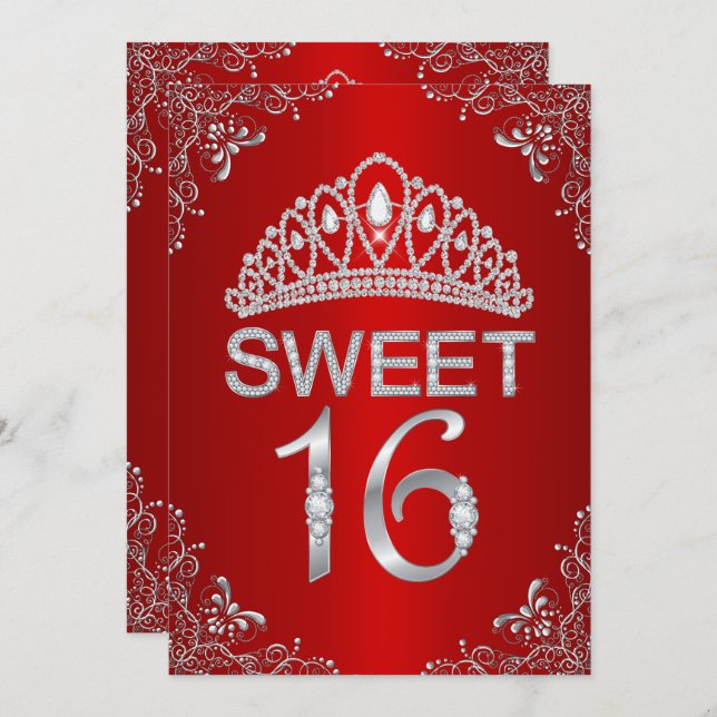 Red Sparkle Diamond Tiara Sweet 16 Invitation (Front/Back)