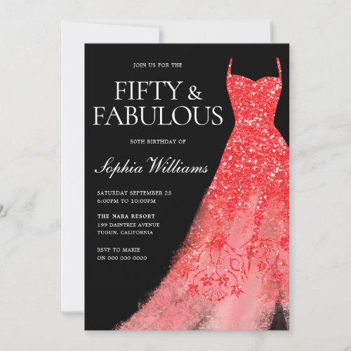 Red Sparkle Dress Black 50th Birthday Party  Invitation