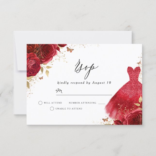 Red Sparkle Dress Rose Birthday Bridal Shower RSVP Card (Front)